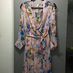 Pink flower wrap dress with long sleeves